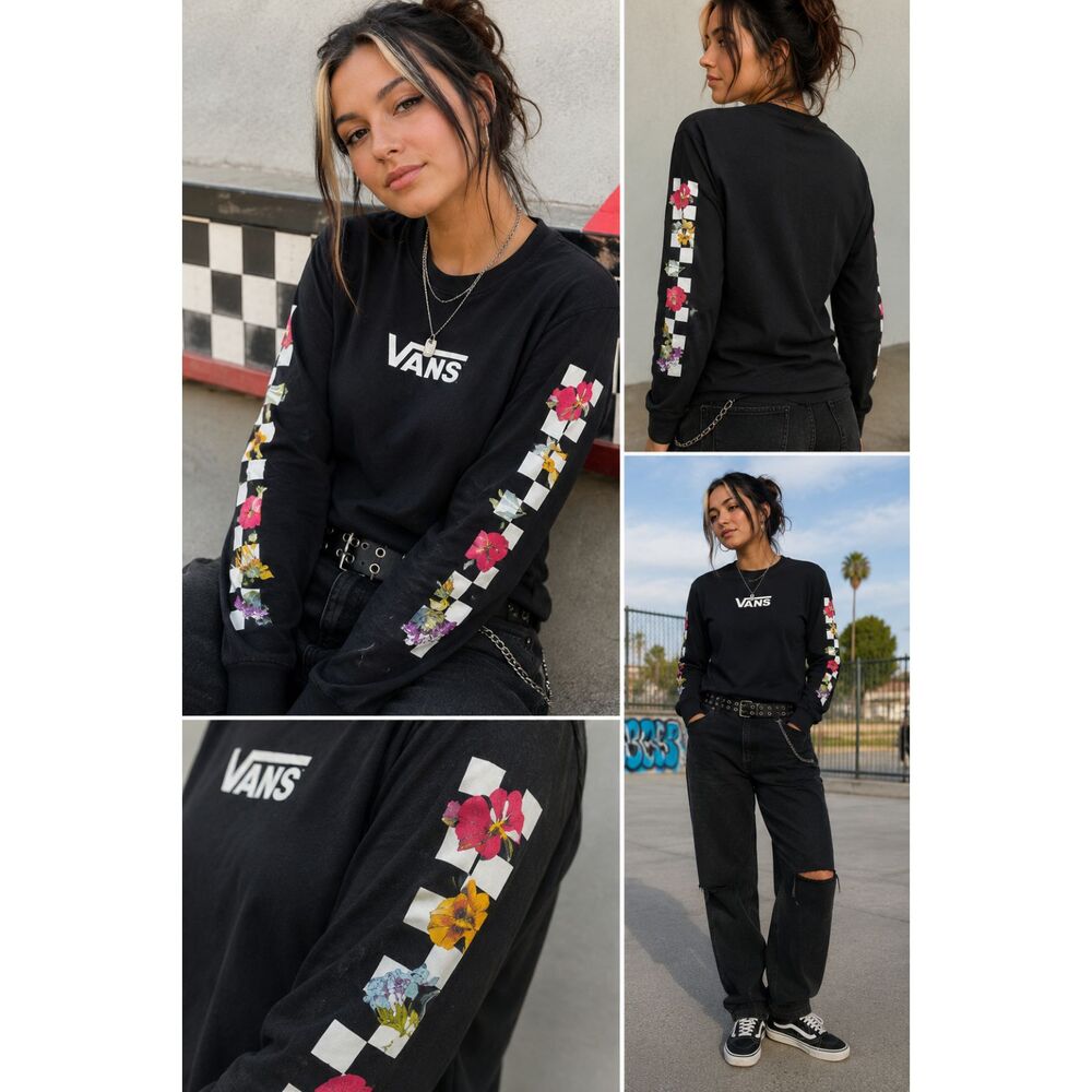 Vans Women’s XS Black Long Sleeve Floral Checkerboard Logo Graphic Shirt